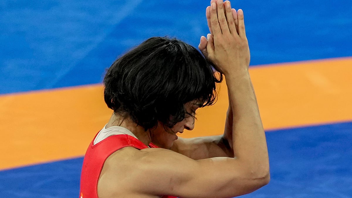 PTI  : Vinesh Phogat in action during the Paris Olympics 2024 women 50kg freestyle wrestling event. 